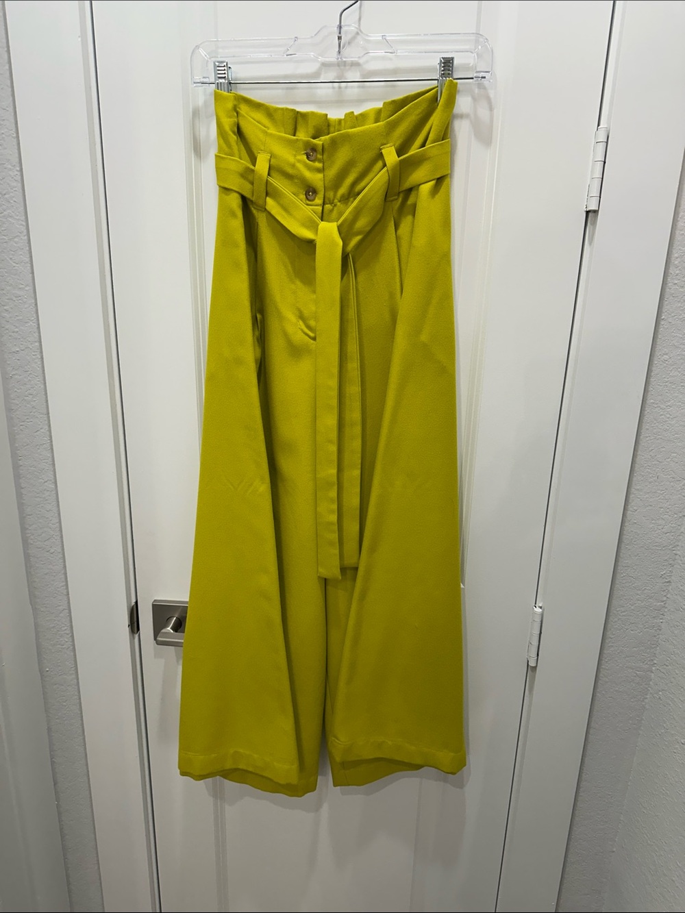 High-Waist Tie-Belt Wide-Leg Pants in Chartreuse